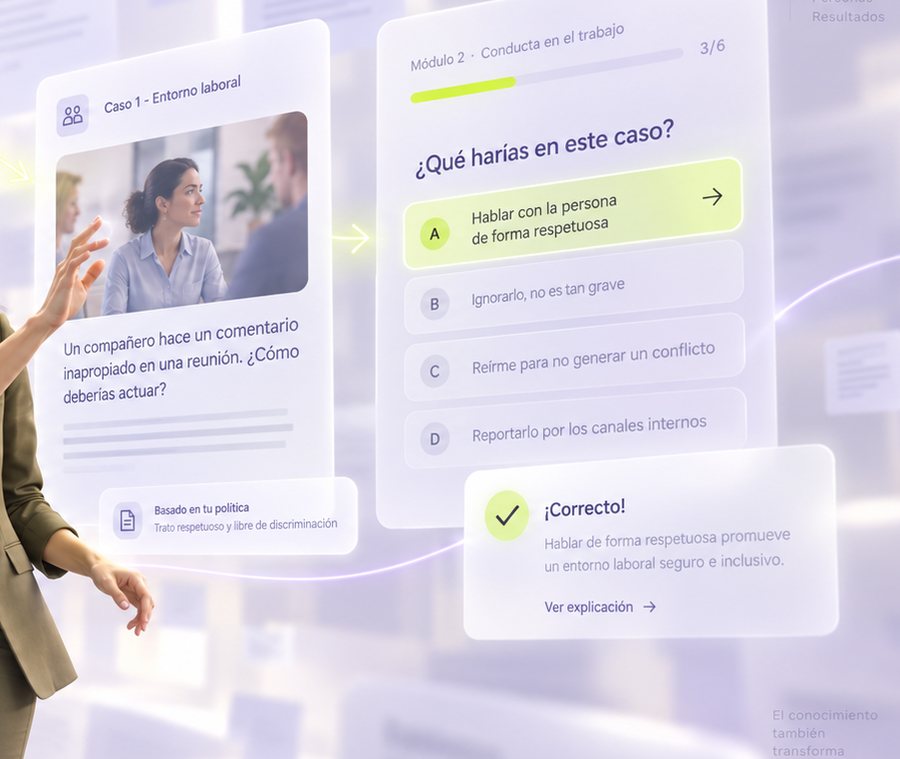 El mismo contenido convertido en un caso, una pregunta de decisión y su retroalimentación.